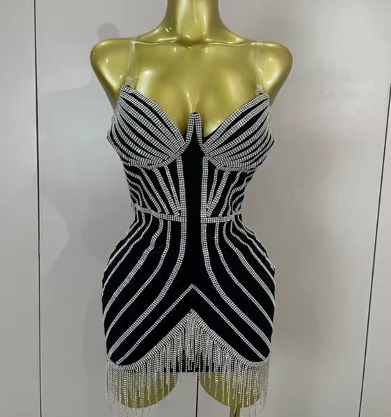 Women Sexy Sleeveless Black Rhinestone Tassel Dress