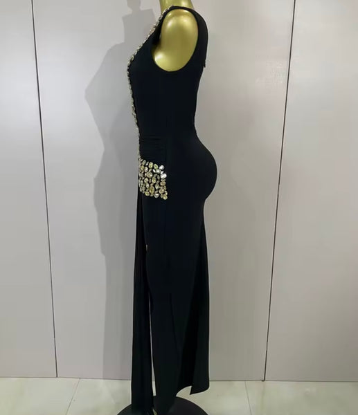 Women Elegant Rhinestone One Shoulder Sleeveless Maxi Dress