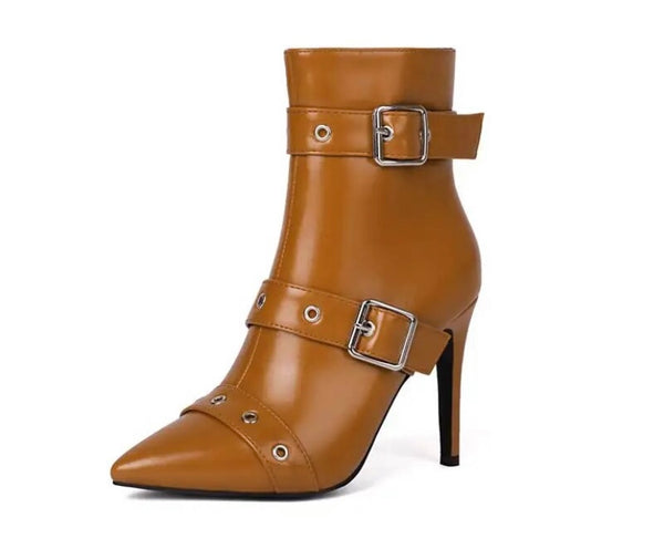 Women Fashion Pointed Toe Buckled Faux Leather Ankle Boots