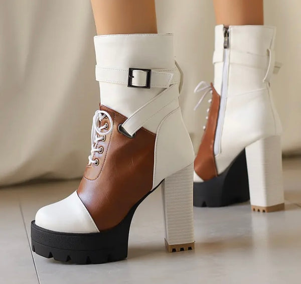 Women Fashion Color Patchwork Lace Up Platform Ankle Boots
