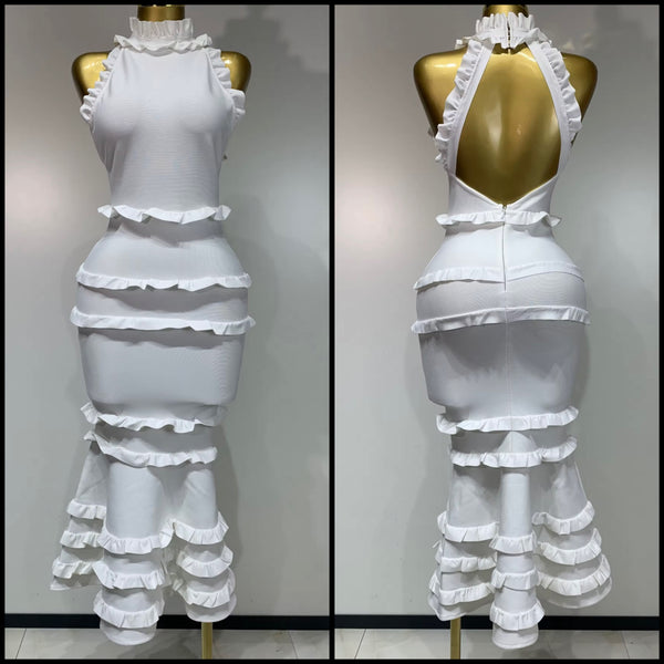 Women White Sexy Sleeveless Open Back Bandage Ruffled Dress