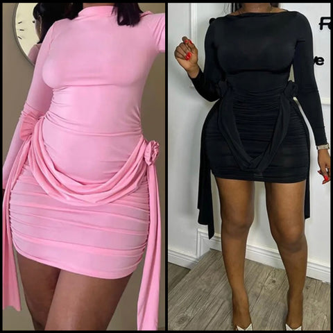 Women Sexy Solid Color Full Sleeve Rose Dress