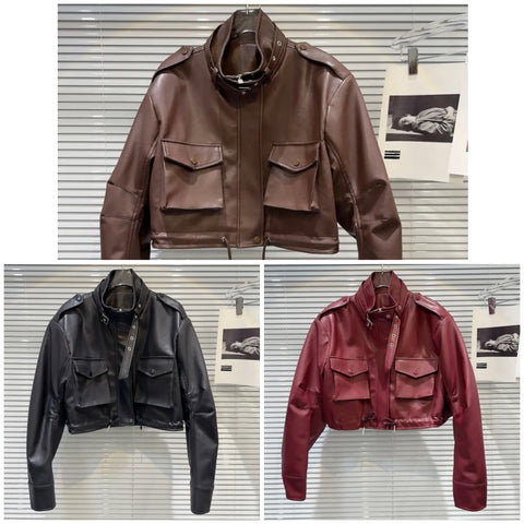 Women Color Fashion Faux Leather Jacket