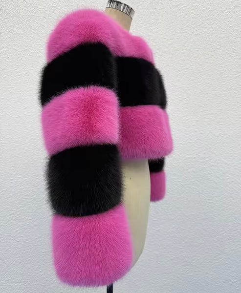Women Fashion Color Patchwork Striped Faux Fur Jacket