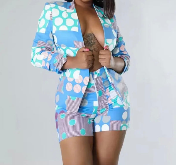 Women Colorful Print Full Sleeve Fashion Blazer Two Piece Short Set