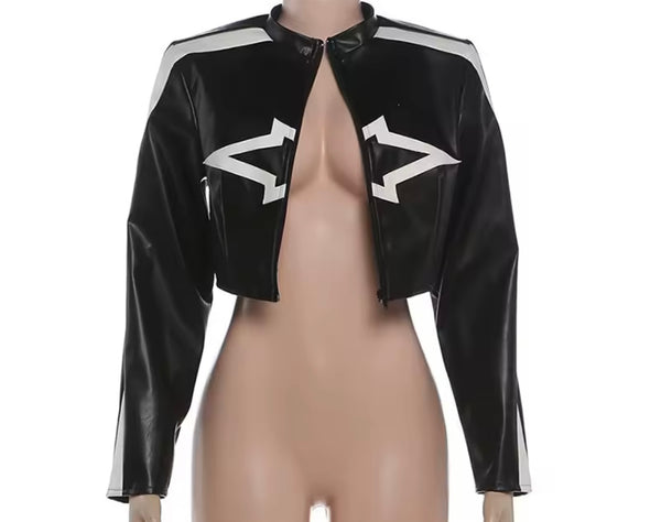Women Fashion B&W Star Striped Faux Leather Crop Jacket