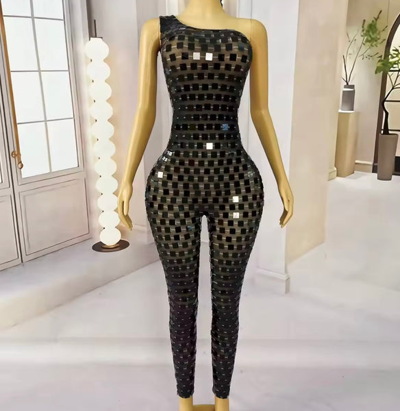 Women One Shoulder Sleeveless Black Mirror Mesh Jumpsuit