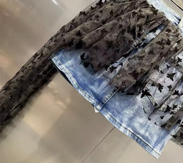 Women Sexy Fashion Denim Star Mesh Skirt