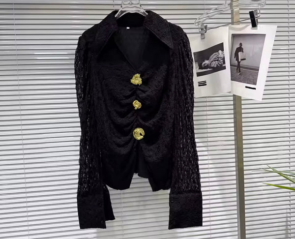 Women Fashion Lace Collar Button Up Two Piece Pant Set