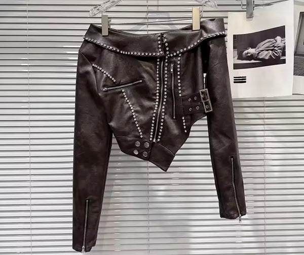 Women Off The Shoulder Zip Up Rhinestone Faux Leather Jacket