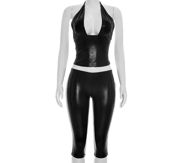 Women Sexy Halter Sleeveless PU Two Piece Capri Pant Set