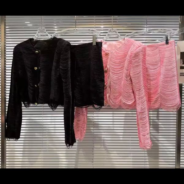 Women Fashion Button Up Tassel Design Full Sleeve Two Piece Skirt Set