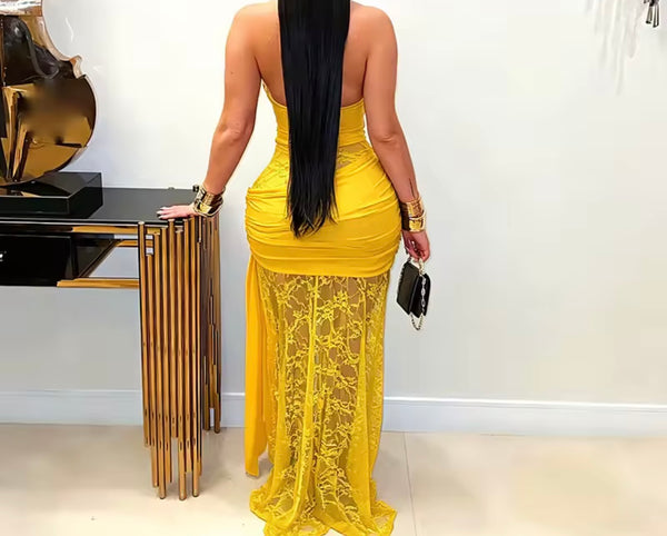 Women Sexy Halter Sleeveless Lace Side Split Maxi Dress
