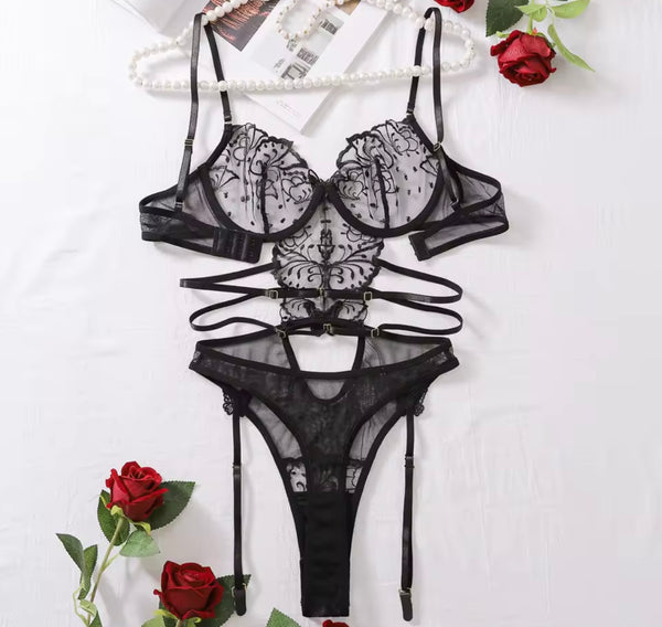 Women Sexy Black Floral Polka Dot Mesh Bodysuit Lingerie Set