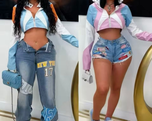 Women Fashion Color Patchwork Printed PU Zip Up Crop Jacket