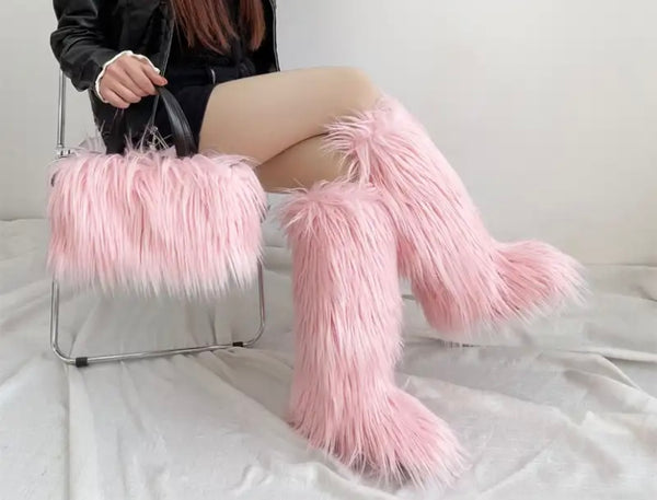 Women Fashion Color Faux Fur Knee High Boots Purse Set