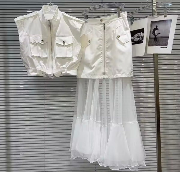 Women Zip Up Sleeveless Vest Two Piece Ruffled Mesh Skirt Set