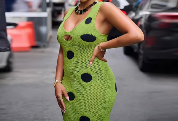 Women Sexy Sleeveless Green Polka Dot Knitted Fringe Maxi Dress