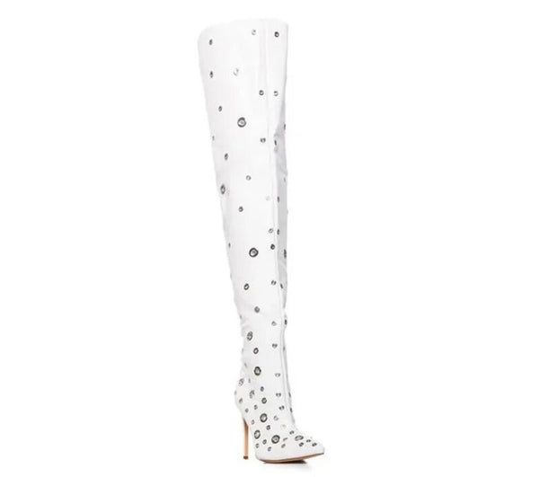 Women White Silver Metal Patchwork Knee High Boots