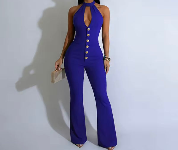 Women Sexy Button Halter Sleeveless Jumpsuit