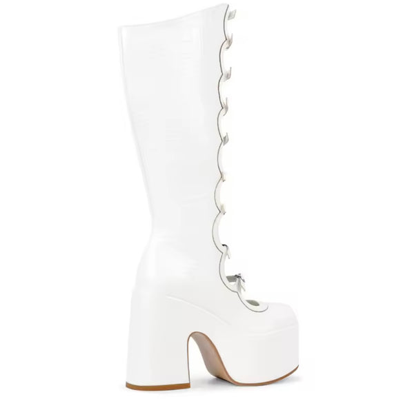 Women Round Toe Buckled Platform Knee High Boots