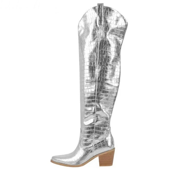 Women Silver Fashion Knee High Western Boots