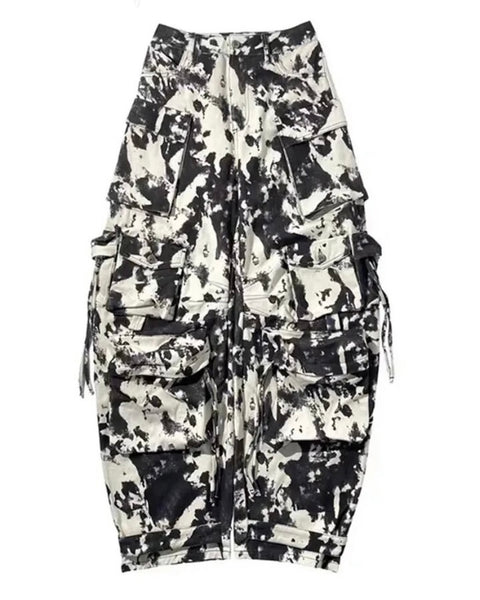 Women Fashion B&W Tie Dye Cargo Denim Pants