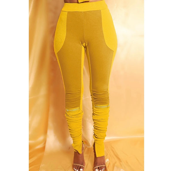 Women Fashion Color Patchwork Zipper Ruched Pants