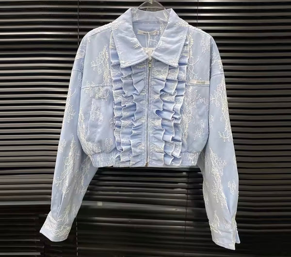 Women Fashion Ruffled Lace Jacket Two Piece Skirt Set