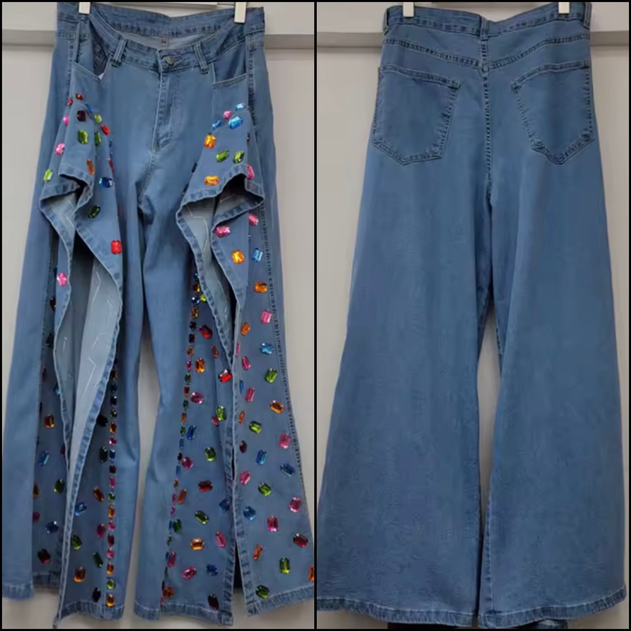 Women Blue Fashion Split Hem Color Crystal Denim Pants