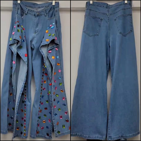 Women Blue Fashion Split Hem Color Crystal Denim Pants
