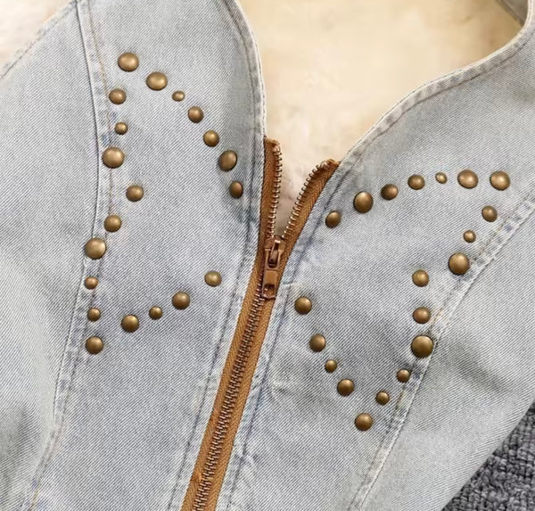 Women Rivet Zip Up Denim Halter Sleeveless Two Piece Pleated Skirt Set