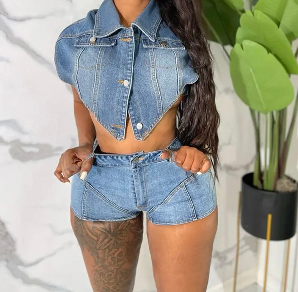 Women Sexy Fashion Denim Two Piece Short Set