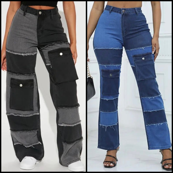 Women Color Patchwork Pocket Fashion Denim Pants