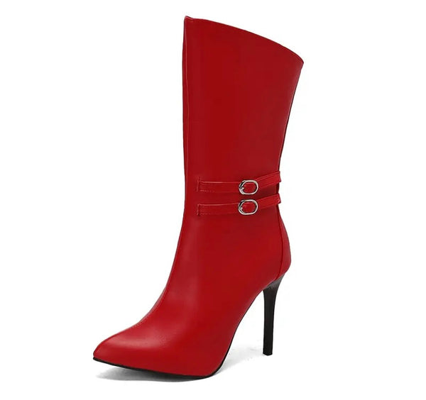 Women Pointed Toe Buckled Faux Leather Fashion Ankle Boots
