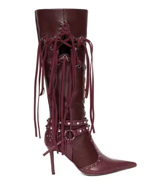 Women Pointed Toe Fringe Tassel Fashion Knee High Boots