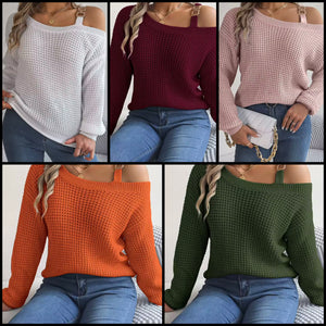 Women Color Slant Shoulder Full Sleeve Fashion Sweater Top