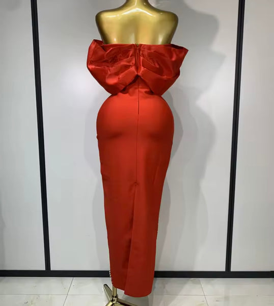 Women Red Sexy Strapless Pearl Rhinestone Maxi Dress
