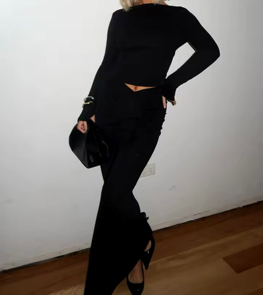 Women Sexy Black Full Sleeve Two Piece Ruched Maxi Skirt Set