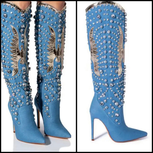 Women Fashion Denim Rivet Western High Heel Boots
