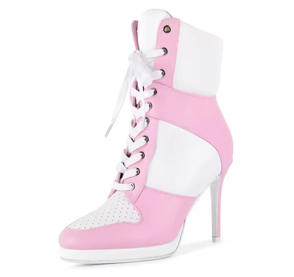 Women Fashion Pointed Toe Tie Up High Heel Ankle Boots