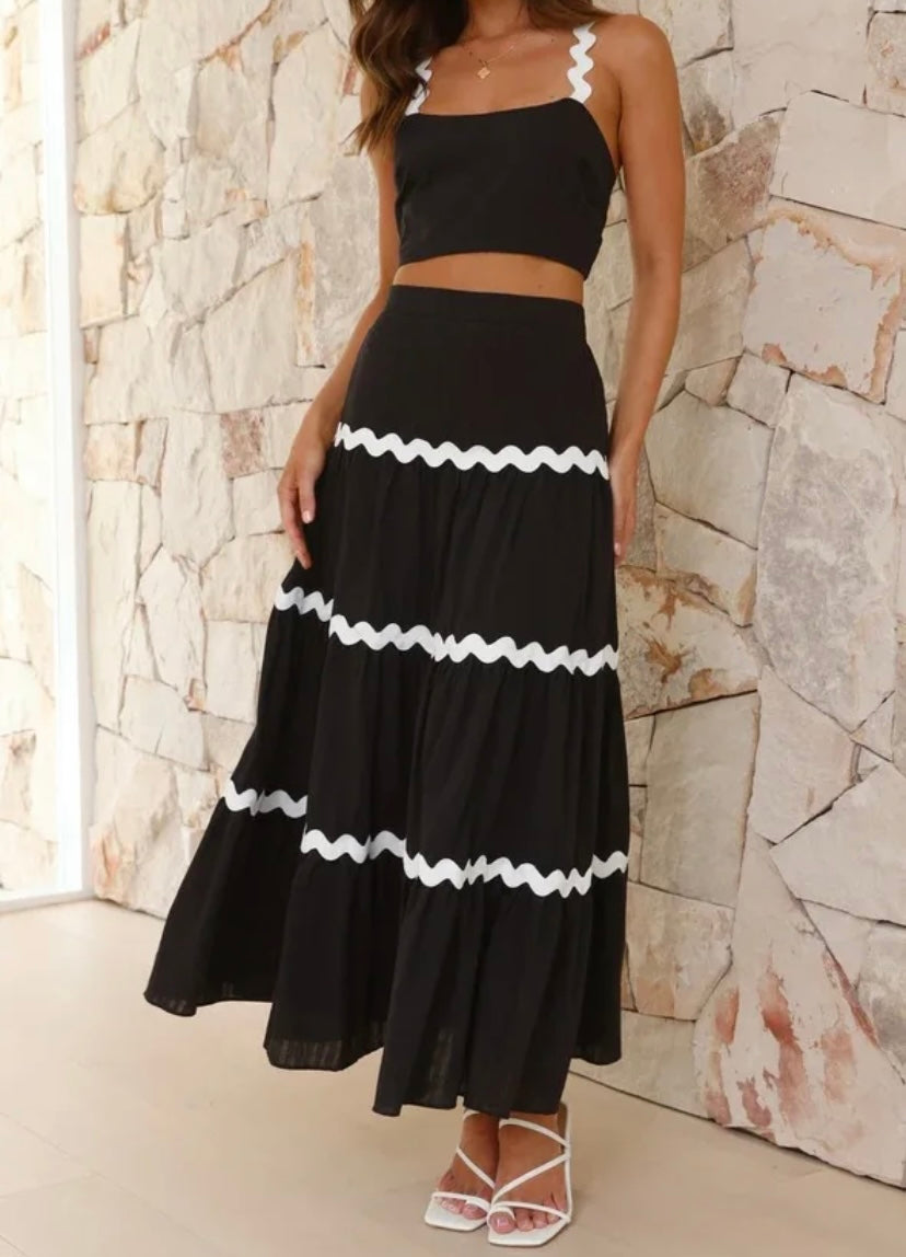 Women Sexy Sleeveless Striped Ruffled Two Piece Maxi Skirt Set