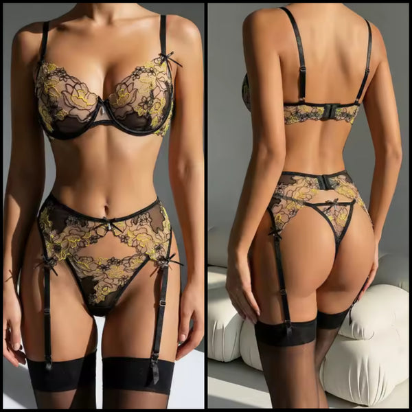 Women Sexy Black Floral Mesh G-String Lingerie Set