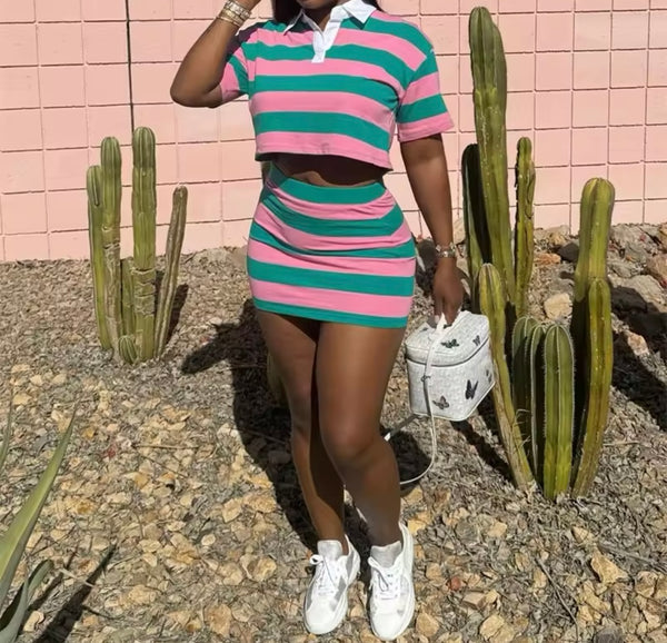 Women Collar Short Sleeve Striped Fashion Two Piece Skirt Set