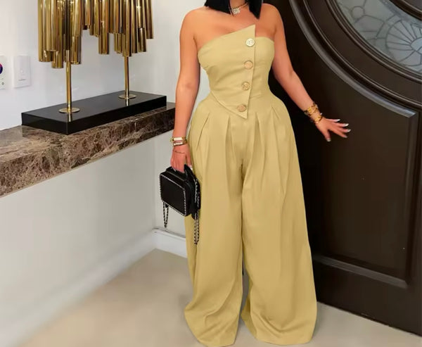 Women Sexy Fashion Button Strapless Wide Leg Jumpsuit