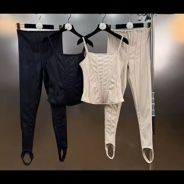 Women Fishbone Sleeveless Camisole Two Piece Pant Set