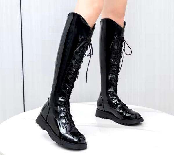 Women Fashion Lace Up Knee High Flat Boots