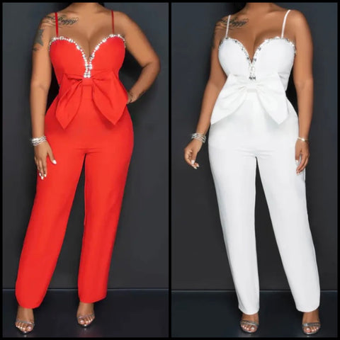 Women Sleeveless Rhinestone Patchwork Bow Sexy Jumpsuit