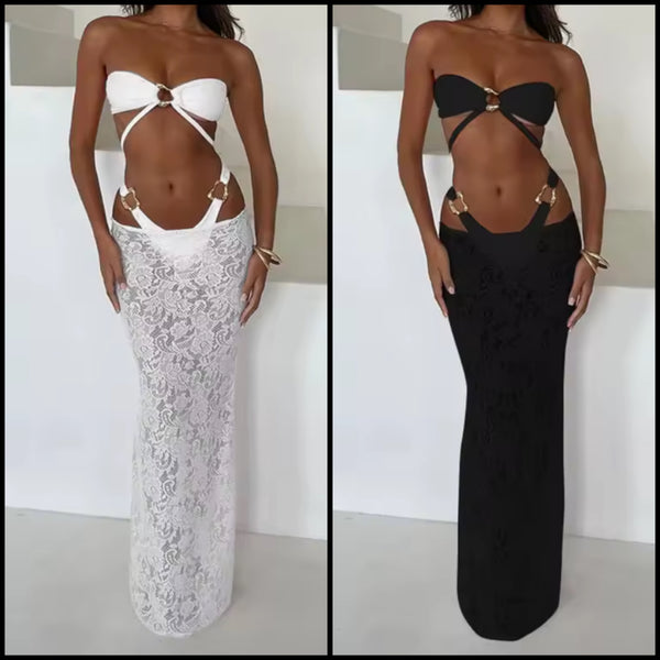Women Sexy Strapless Metal Cut Out Bikini Lace Cover Up Set