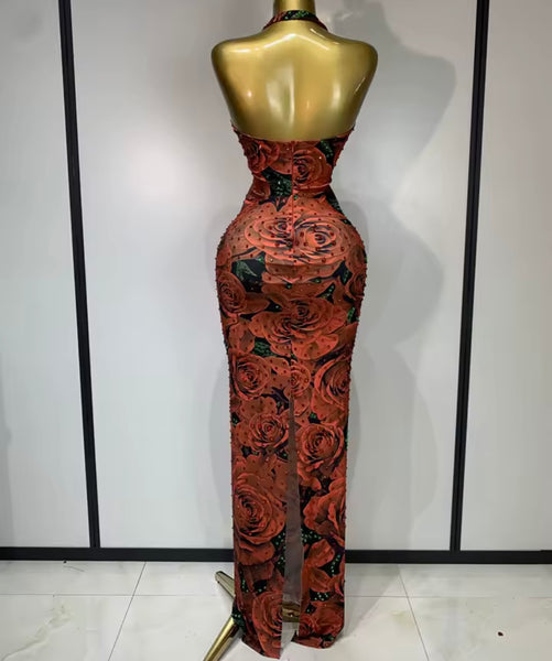 Women Sexy Halter Sleeveless Floral Rhinestone Maxi Dress
